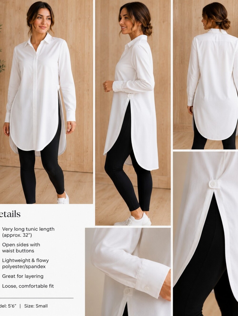 Women's White Longline Side Button Tunic‎ Blouse Size Medium Open Side Layering